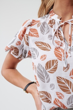 womens white and brown tie neck puff sleeve top